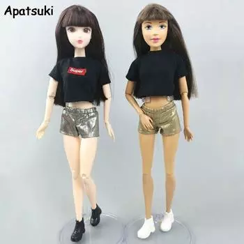 Модный комплект одежды для кукол для куклы Барби, черный короткий топ, футболка, кожаные шорты с металлическим оттенком для кукол Блит, аксессуары 1/6 серый