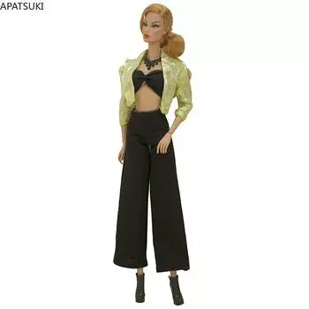 Модный комплект одежды для кукол, наряды для Барби, аксессуары для кукол 1/6, желтое пальто, бюстгальтер, брюки, штаны для кукольного домика Барби, игрушки золотистый/чёрный