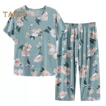МОДНЫЙ комплект пижамы для женщин среднего возраста с круглым вырезом и цветочным принтом, с коротким рукавом, эластичной талией, плиссированный, свободный, тонкий, с широкими штанинами, мягкий, для мамы и бабушки, топ для сна XL светло-зеленый