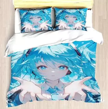 Модный комплект постельного белья MINISO-Modern, комплект постельного белья Hatsune Miku в японском стиле, матрас для девочки, 3 предмета, для мальчиков EU single(135x200cm)