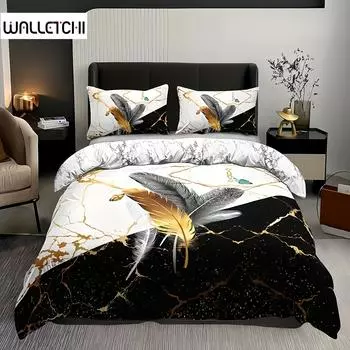 Модный комплект постельного белья с бронзовым мраморным принтом и перьями, мягкий и удобный комплект постельного белья для спальни, гостевой комнаты 135X200cm