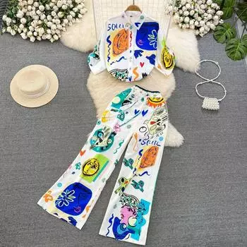 Модный комплект, повседневная свободная рубашка с имитацией шелкового принта, комплект из двух предметов, широкие брюки с высокой талией, длинные брюки One Size белый