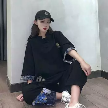 Модный комплект с вышивкой в китайском этническом стиле и средним рукавом M разноцветный