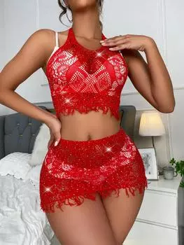 МОДНЫЙ комплект сексуального нижнего белья в сеточку, укороченный топ без рукавов и эластичные трусики, женское сексуальное нижнее белье и нижнее белье One Size