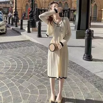 Модный комплект свитера женский осенний вязаный кардиган платье на бретелях с длинным рукавом комплект из двух предметов свитер женский кардиган