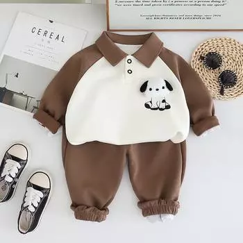 Модный комплект толстовки с отложным воротником для мальчиков - Мода весна/осень 2025, двухпредметный для детей 120cm темно-коричневого