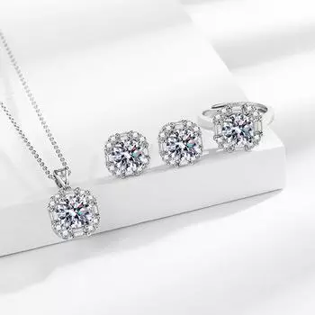 Модный комплект украшений из двухкаратного циркония с серьгами, ожерельем и кольцом
