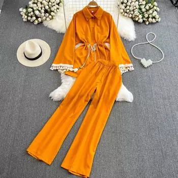 Модный комплект, женская расклешенная однобортная рубашка с кисточками и длинными рукавами, состоящая из двух частей, прямые широкие брюки с высокой талией One Size зелёный