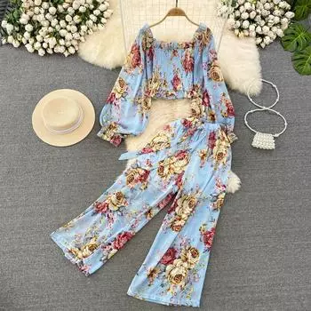 Модный комплект, женский комплект с длинным рукавом и квадратным вырезом, приталенная шифоновая рубашка, комплект из 2 предметов, костюм с высокой талией, тонкий, широкий, L One Size синий