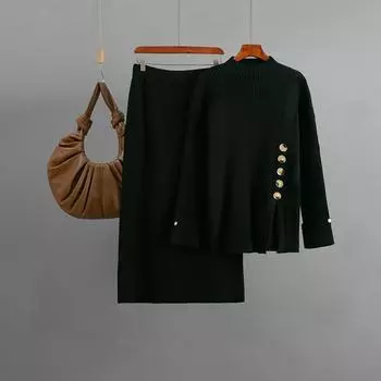 Модный комплект Женский Осенне-зимний С разрезом по бокам Пуговичная отделка Свитер Юбка-полусолнце Набор из двух предметов OneSize чёрный