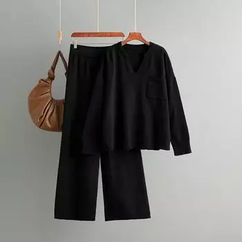 Модный комплект Женский Осенне-зимний V-образный вырез Свободный Однотонный Разрез на голове Вязаный свитер Комплект из двух предметов OneSize чёрный