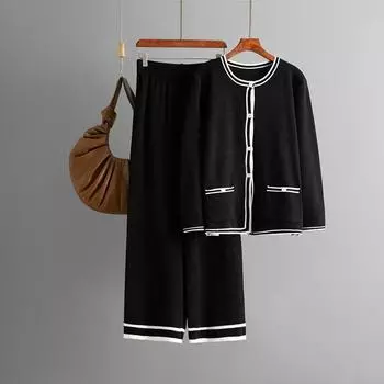 Модный комплект Женский осенне-зимний вязаный кардиган свитер повседневные брюки с широкими штанинами комплект из двух предметов OneSize чёрный