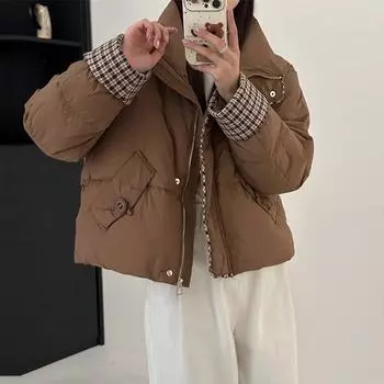 Модный контрастный цвет короткий пуховик женский зимний 2024 года воротник-стойка с мясным покрытием дизайн ощущение теплая белая утиная пуховая куртка S хаки