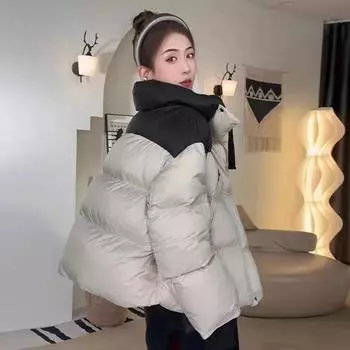 Модный контрастный цвет короткий пуховик женский зимний новый свободный воротник-стойка любовная пара теплое пальто прилив S бежевый