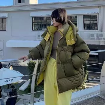 МОДНЫЙ контрастный цвет пуховик 2024 зима новый студенческий стиль маленький утолщенный теплый пуховик с капюшоном женская одежда One Size хаки