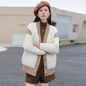 Модный контрастный цвет трикотажный пуховик женский короткий 2024 новый утолщенный маленький теплый жакет прилив S хаки