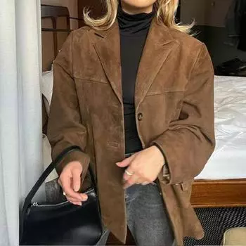 Модный коричневый пиджак с лацканами и карманами, женская повседневная однобортная куртка с длинным рукавом, короткое пальто, осенняя уличная верхняя одежда S коричневый
