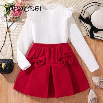 Модный костюм для девочек, белый топ с длинными рукавами + красная юбка, осенние комплекты, детская одежда, рождественские костюмы 9Y красный