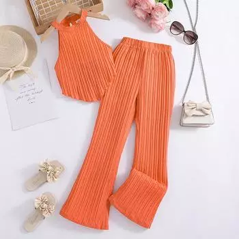 Модный костюм для девочек, летний детский элегантный топ без рукавов с бретельками через шею, повседневные брюки, костюм из двух частей 130cm=8Y оранжевый