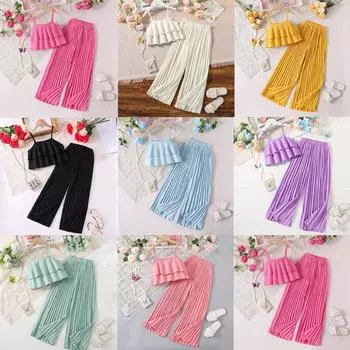 Модный костюм для девочек, летний костюм, детская рубашка с оборками и штаны 8Y жёлтый