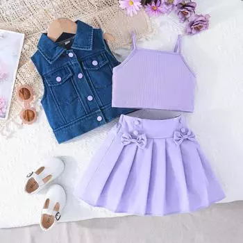 Модный костюм для девочки 4-8 лет, комплект из 3 предметов: джинсовый жилет + фиолетовая полосатая майка + фиолетовая плиссированная юбка 4Y фиолетовый