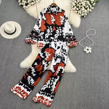 Модный костюм для отдыха и отпуска, женская свободная рубашка с длинными рукавами и принтом, цельные прямые широкие брюки с высокой талией