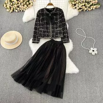 Модный костюм для пожилых людей, твидовое короткое пальто с круглым вырезом + тонкая плиссированная сетчатая юбка с высокой талией, две части S чёрный