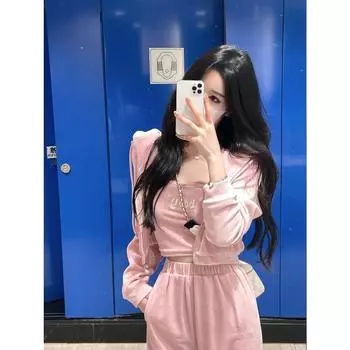 Модный костюм для сезона весна-осень, новый короткий пиджак, топ с высокой талией, широкие брюки, свободный и утягивающий повседневный комплект из трех комплектов S розовый