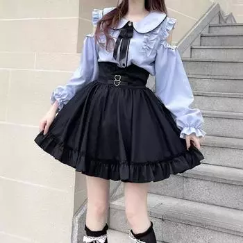 Модный костюм-двойка с открытыми плечами и юбкой-рубашкой XL синий