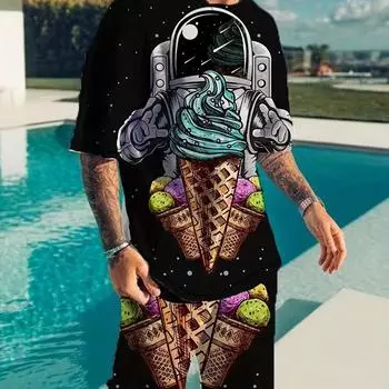 Модный костюм из 2 предметов, мужская слегка эластичная футболка с рисунком астронавта и мороженого и удобные шорты для всех сезонов на открытом воздухе S