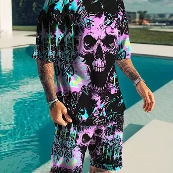 Модный костюм из 2 предметов, мужская стильная дышащая футболка с рисунком черепа и удобные шорты для улицы S