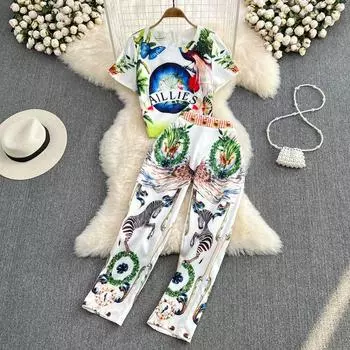 Модный костюм RUGOD, женская мода, лето 2022, темпераментный топ с круглым вырезом и принтом, комплект из двух предметов, брюки с высокой талией, брюки