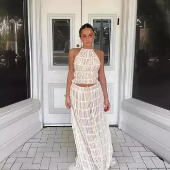 Модный костюм с длинной юбкой с лямкой на шее, женский костюм с открытой спиной на бретельках, на шнуровке, складные макси-юбки, летний женский комплект из двух предметов, наряды XL белый