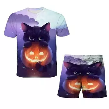 Модный костюм с изображением кота и животных для маленьких мальчиков, летняя повседневная одежда, топы с героями мультфильмов, шорты, комплект одежды из 2 предметов для мальчиков, костюмы, детская одежда 100
