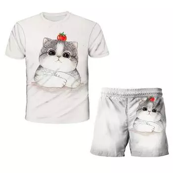 Модный костюм с изображением кота и животных для маленьких мальчиков, летняя повседневная одежда, топы с героями мультфильмов, шорты, комплект одежды из 2 предметов для мальчиков, костюмы, детская одежда 100