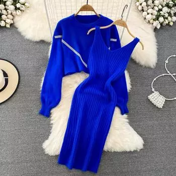 Модный костюм с круглым вырезом, высокой талией, коротким вязаным топом, V-образным вырезом, уменьшением талии, уменьшением талии, платьем без рукавов с запахом на бедрах, с двумя пирогами