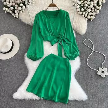 Модный костюм с v-образным вырезом, пышной талией и длинными рукавами, короткая рубашка, юбка трапециевидной формы с высокой талией, комплект из двух предметов