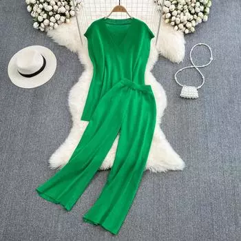 Модный костюм с v-образным вырезом, свободный вязаный топ без рукавов + высокая талия, утягивающие повседневные прямые широкие брюки, комплект из двух предметов