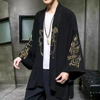 Модный костюм с вышивкой Hanfu, мужской халат в китайском стиле, куртка-кардиган, кимоно большого размера, древнее пальто, мужское XXXXL чёрный