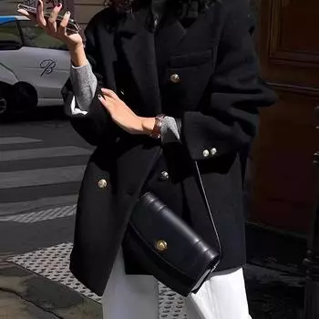 МОДНЫЙ костюм шерстяное пальто женское черное шерстяное осенне-зимнее небольшое мужское высококачественное утолщенное Одежда S