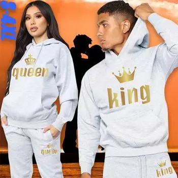 Модный костюм унисекс с капюшоном с принтом, осенне-зимняя толстовка с капюшоном + брюки, костюм из 2 предметов, мужская и женская спортивная одежда, повседневные костюмы S