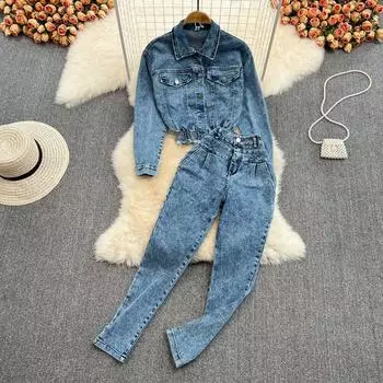 Модный костюм, женская джинсовая куртка со свободной талией и длинными рукавами, пальто, комплект из двух предметов, тонкие брюки с высокой талией и небольшими брюками