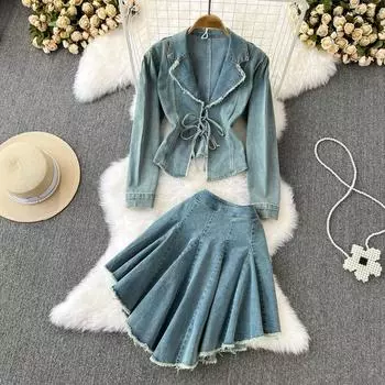 Модный костюм, женская потертая и поношенная джинсовая куртка с высокой талией и тонкой юбкой трапециевидной формы неправильной формы, состоящая из двух частей S синий