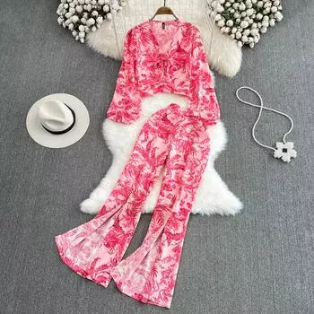 Модный костюм, женский элитный темпераментный топ с v-образным вырезом и длинными рукавами, прямые брюки с разрезом и высокой талией, комплект из двух предметов