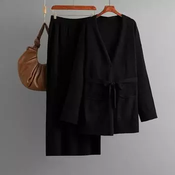 Модный костюм женский осенне-зимний с V-образным вырезом, свободный вязаный кардиган на шнуровке, юбка-полусолнце, комплект из двух предметов OneSize чёрный