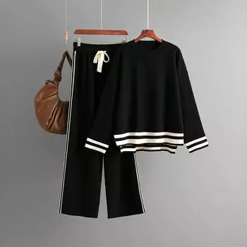 Модный костюм женский осенне-зимний вязаный с круглым вырезом свитер-пуловер свободного кроя брюки широкие от бедра комплект из двух предметов OneSize чёрный