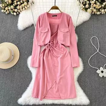 Модный костюм, женский повседневный короткий однотонный пиджак с высокой талией, комплект из двух предметов, осеннее платье с разрезом и лямкой на бретельках