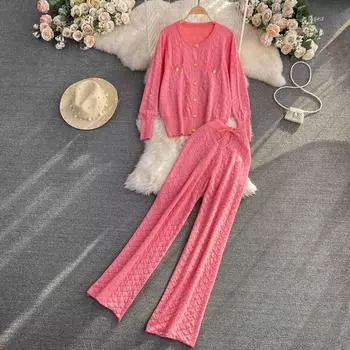 Модный костюм женский повседневный однобортный кардиган с круглым вырезом + высокая талия тонкие прямые широкие брюки из двух частей