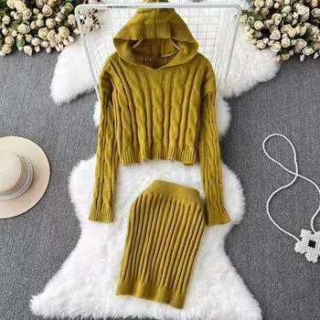 Модный костюм женский повседневный томный ленивый ветер с капюшоном короткий свитер с капюшоном плюс вязаная юбка с высокой талией