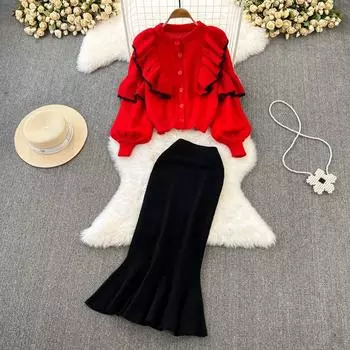 Модный костюм, женский ретро-темперамент, свитер с рюшами и круглым вырезом, куртка-кардиган + юбка с высокой талией, рыбий хвост, две части